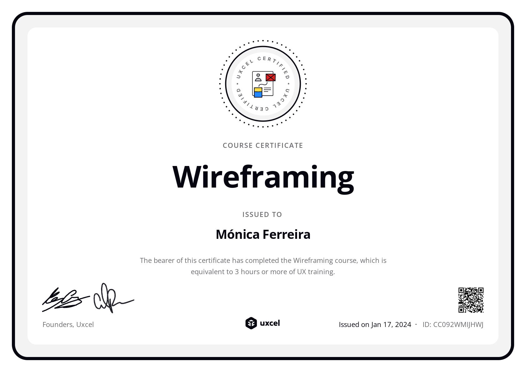 Mónica Ferreira's certificate